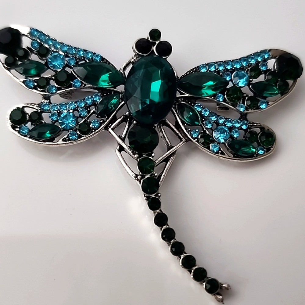 Dragonfly Brooch,Aqua and SeaBlue,med#2 SILVER. FASHION JEWELRY